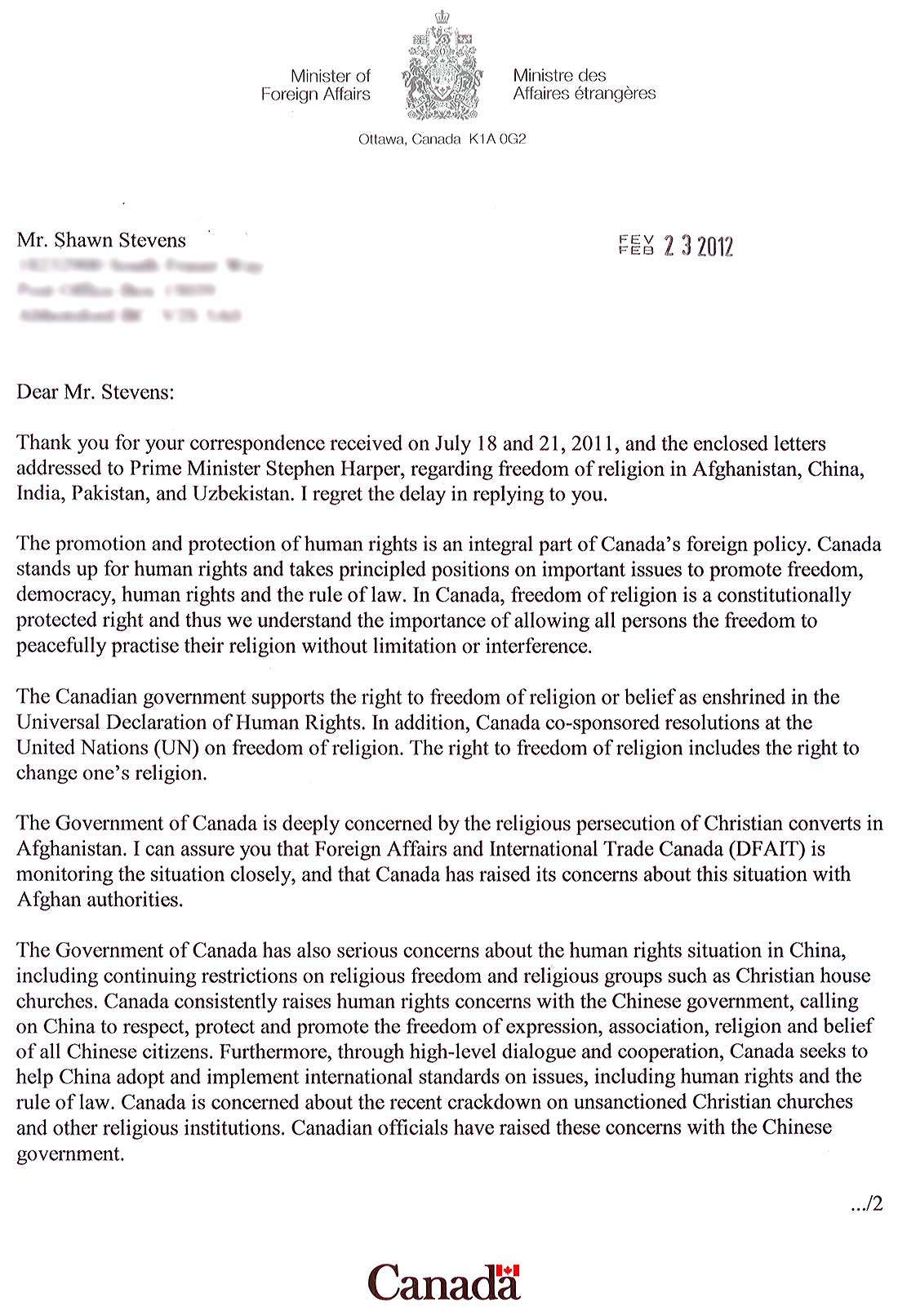 A letter from John Baird, Minister of Foreign Affairs, Canada 