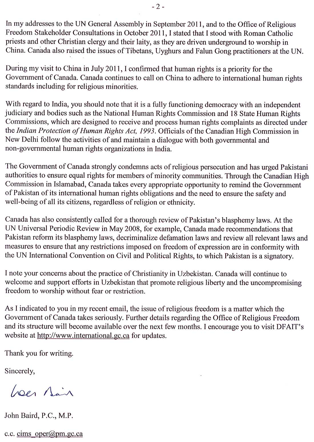 Letter from John Baird, Minister of Foreign Affairs, Canada 